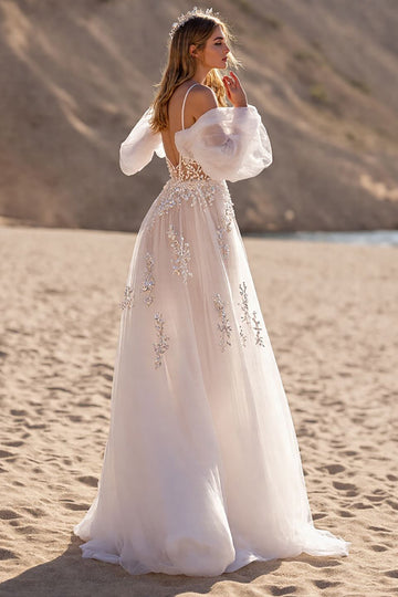 Ivory Appliqued A line Tulle Wedding Dress